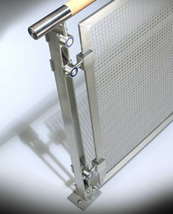 inox handrail with wood top rail & perforated stainless steel infill panels